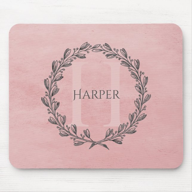 Elegant Wreath Monogram | Pink Mouse Pad (Front)