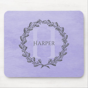 Elegant Wreath Monogram Purple Mouse Pad