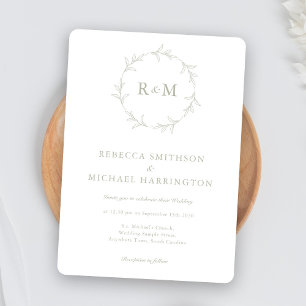 Elegant Wreath Monogram Sage Green Wedding Invitation