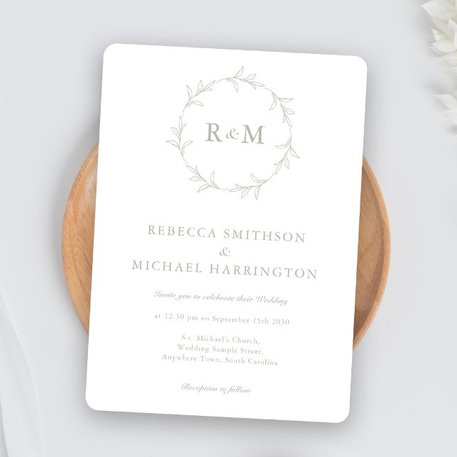Elegant Wreath Monogram Sage Green Wedding Invitation (Creator Uploaded)