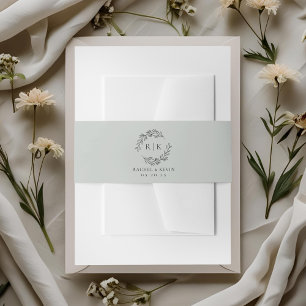 Elegant Wreath Monogram Soft Sage Wedding Invitation Belly Band