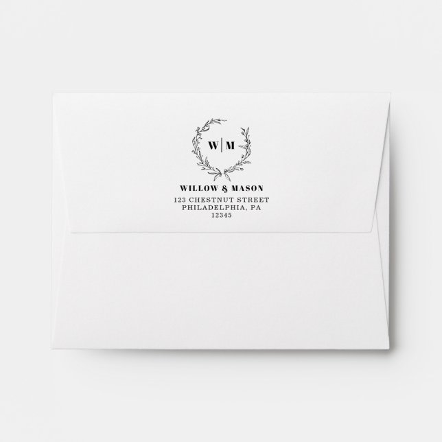 Elegant Wreath Monogram Wedding Return Address Envelope (Back (Top Flap))
