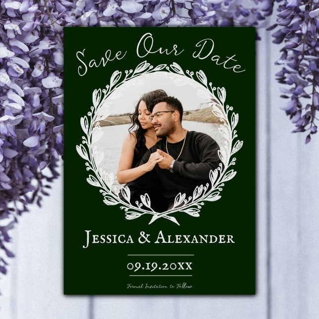 Elegant Wreath Photo Frame | Emerald Green Save The Date (Emerald Green Elegant Wreath Frame Photo Save the Date)