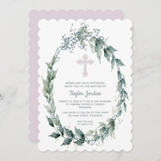 Elegant Wreath Pink Cross Baptism Invitations (Front/Back)