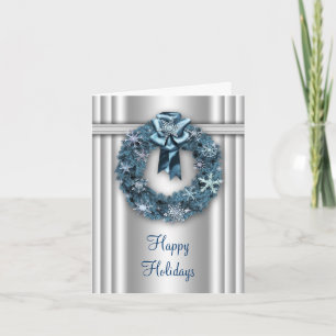 Elegant Wreath Silver and Blue Corporate Christmas Holiday Card