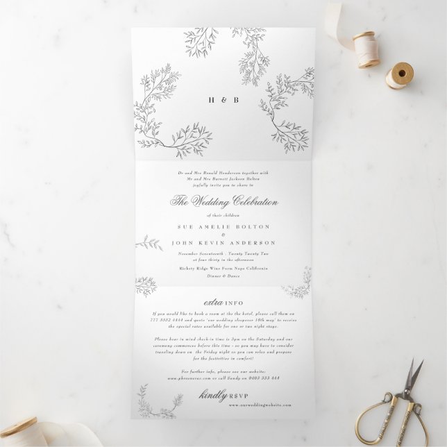 Elegant Wreath Typography Monogram Floral Wedding Tri-Fold Invitation (Inside)