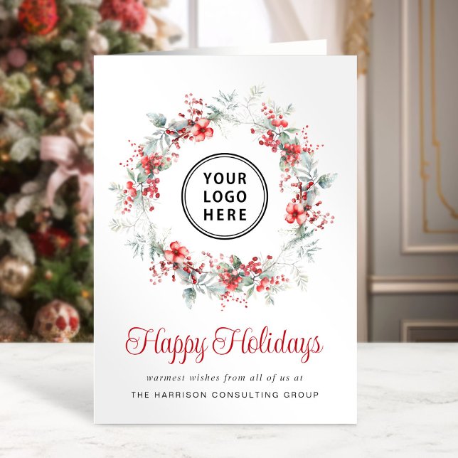 Elegant Wreath Watercolor Business Logo Christmas Holiday Card (Spread the joy of the season and strengthen business relationships with our elegant holiday card)