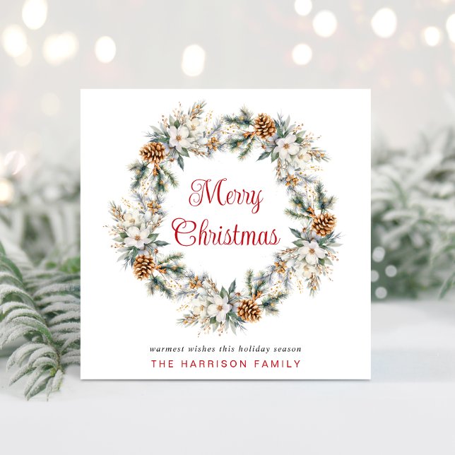 Elegant Wreath Watercolor Merry Christmas Holiday Card (Spread the love + joy of the season with your friends + family near and far with a personalized card)