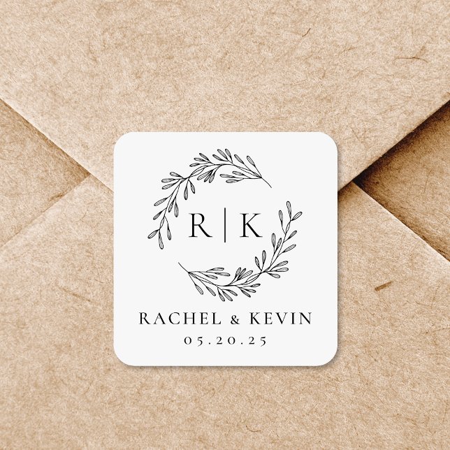 Elegant Wreath Wedding Initial Monogram Square Sticker (Creator Uploaded)