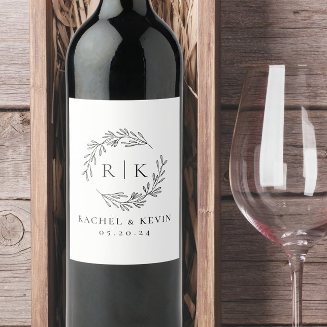 Elegant Wreath Wedding Initial Monogram Wine Label (Creator Uploaded)