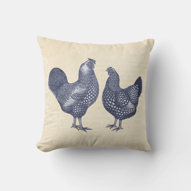 Elegant Wyandotte Chickens Blue Vintage Rooster Cushion (Front)