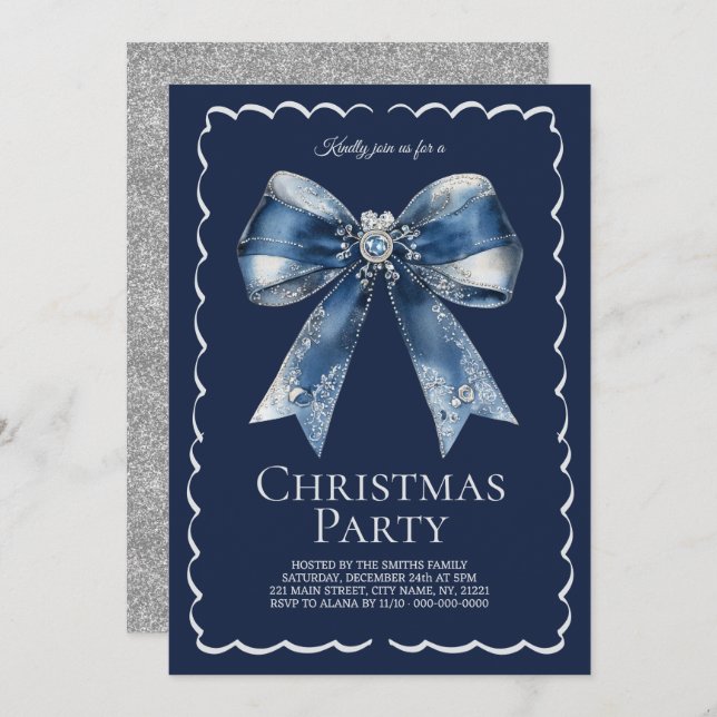 Elegant XL Bow Blue Silver Glitter Christmas Party Invitation (Front/Back)