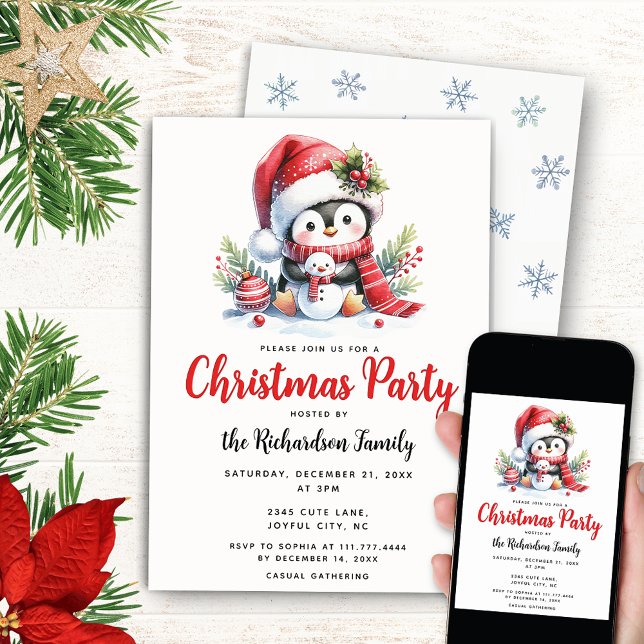 Elegant Xmas Party Cute Penguin Christmas Invitation (Creator Uploaded)