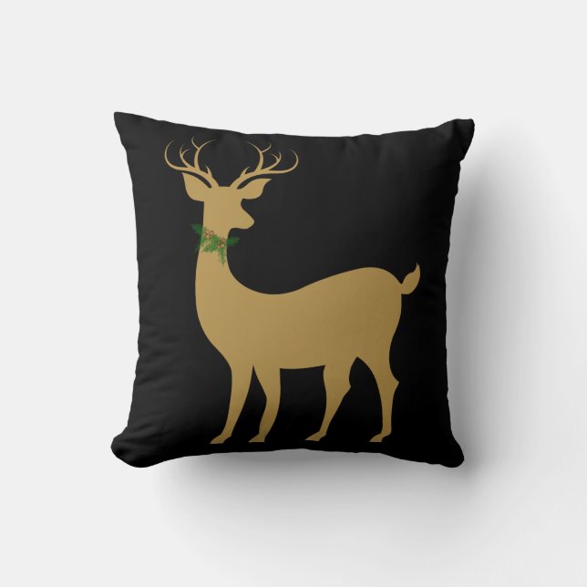 Elegant Xmas Reindeer w Holly Gold on Black Pillow (Front)
