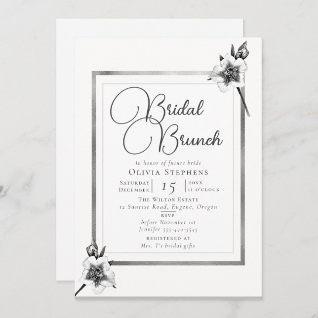 Elegant Xmas Roses Silver Christmas Bridal Brunch Invitation (Front/Back)