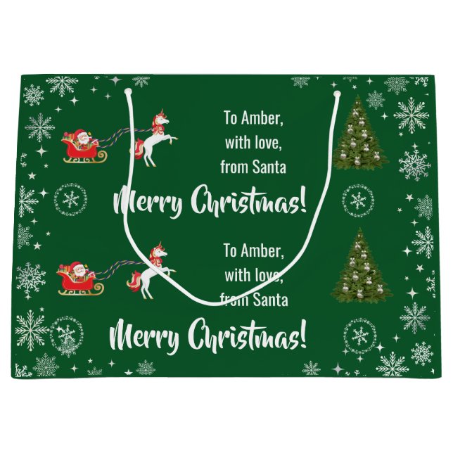 Elegant Xmas Santa's Sleigh Unicorn Personalise Large Gift Bag (Front)
