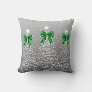 Elegant Xmas Sparkling Trees Silver Faux Green Bow Cushion