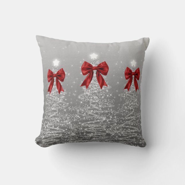 Elegant Xmas Sparkling Trees Silver Faux Red Bow Cushion (Front)