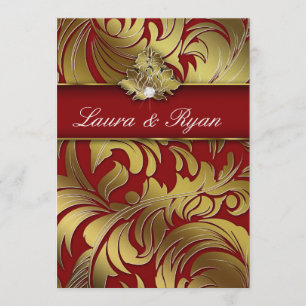 Elegant Xmas Wedding Diamond Leaf Swirl Gold Red 2 Invitation