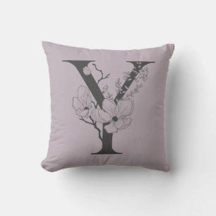 Elegant Y Boho Floral Monogram Initial Lilac Grey Cushion