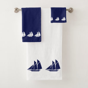 Elegant Yachts on Navy Blue and White Bath Towel Set
