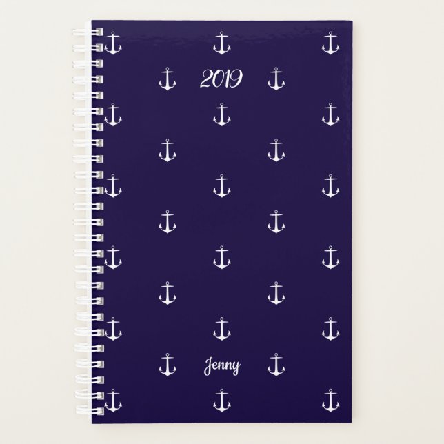 Elegant Year Nautical Anchor Custom Name Navy Blue Planner (Front)