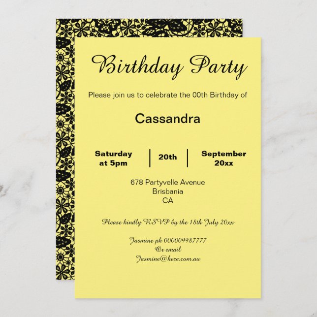 ELEGANT YELLOW AND BLACK LACE BIRTHDAY PARTY BLACK INVITATION (Front/Back)