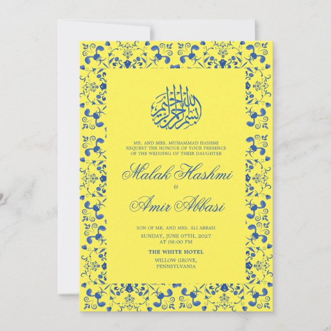 Elegant Yellow and Blue Islamic Muslim Wedding  Invitation (Front)