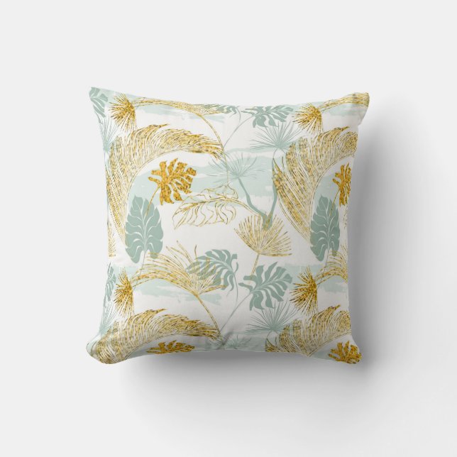 Elegant Yellow and Blue Leaves Pattern Cushion (Front)