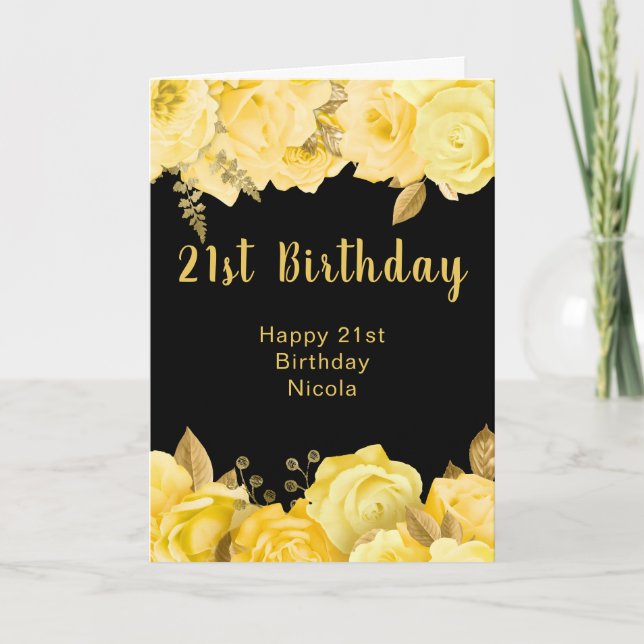 Elegant Yellow and Gold Flowers Birthday Party Card (Front)