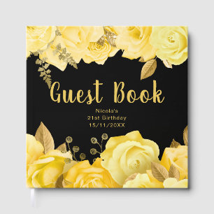 Elegant Yellow and Gold Flowers Birthday Party Guest Book
