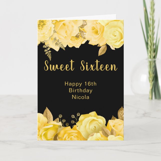 Elegant Yellow and Gold Flowers Sweet Sixteen Card (Front)