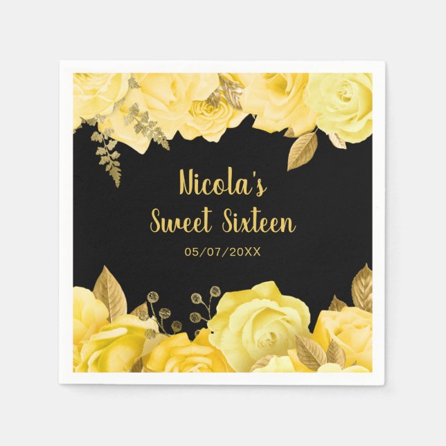 Elegant Yellow and Gold Flowers Sweet Sixteen Napkin (Front)