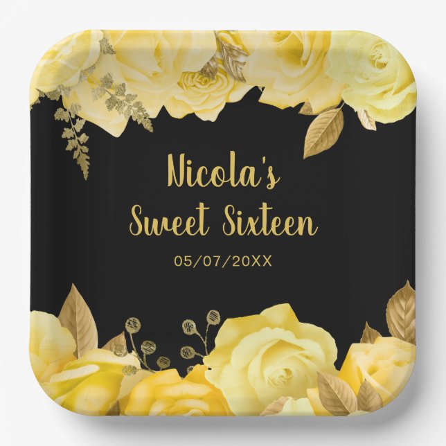 Elegant Yellow and Gold Flowers Sweet Sixteen Paper Plate (Front)
