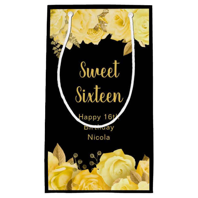 Elegant Yellow and Gold Flowers Sweet Sixteen Small Gift Bag (Front)