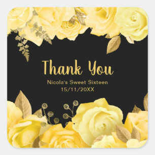 Elegant Yellow and Gold Flowers Sweet Sixteen Square Sticker