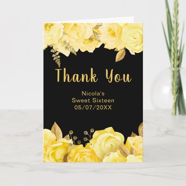 Elegant Yellow and Gold Flowers Sweet Sixteen Thank You Card (Front)