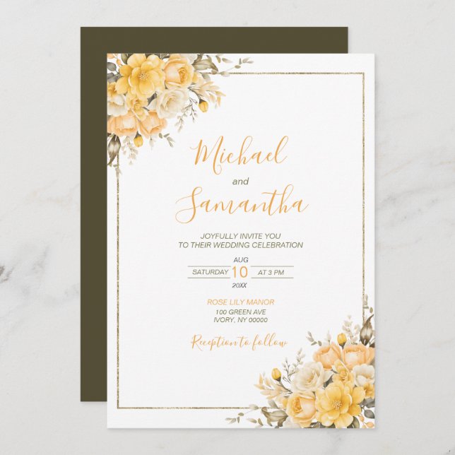Elegant Yellow and Ivory Rose Wedding Invitation (Front/Back)