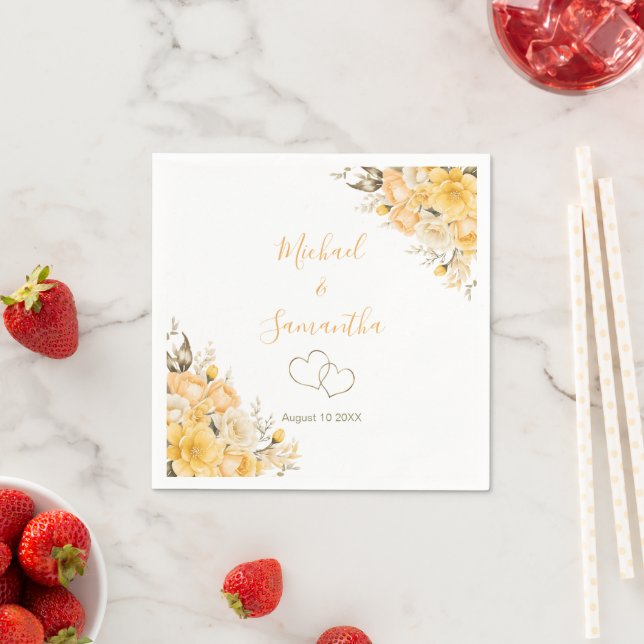 Elegant Yellow and Ivory Rose Wedding Napkin (Insitu)