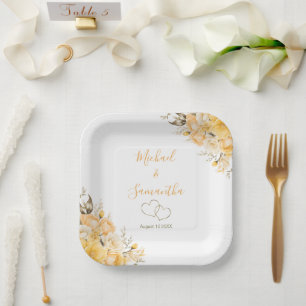 Elegant Yellow and Ivory Rose Wedding Paper Plate