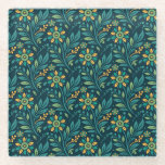 Elegant Yellow and Teal Floral Pattern Design Glass Coaster<br><div class="desc">Seamless floral pattern with yellow and teal flowers and green leaves on a dark background. The design is symmetrical and evokes a lively,  elegant feel.</div>
