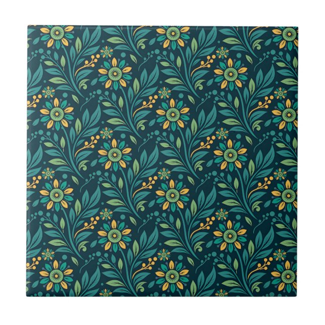 Elegant Yellow and Teal Floral Pattern Design Tile (Front)