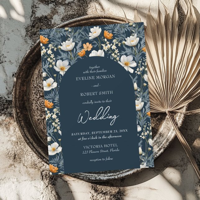 Elegant yellow and white wild flowers navy arch invitation (Elegant yellow and white wild flowers navy arch invitation)