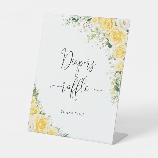 Elegant Yellow Baby Shower Diapers Raffle Sign (Front)