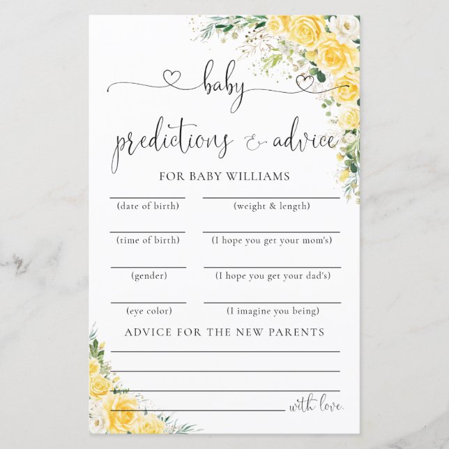 Elegant Yellow Baby Shower Predictions Card  (Front)