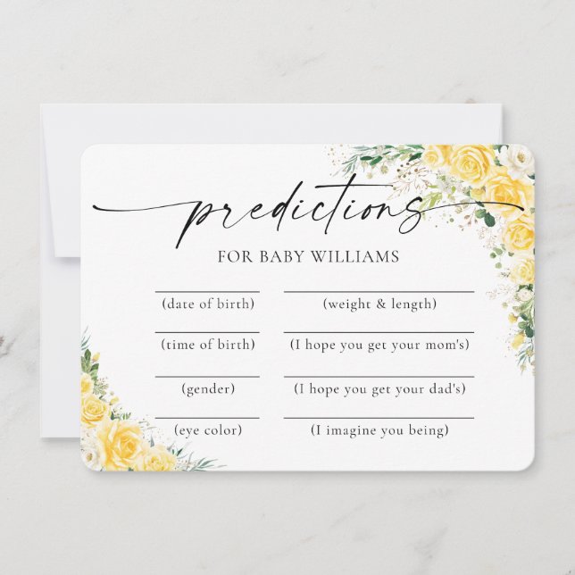 Elegant Yellow Baby Shower Predictions Card (Front)