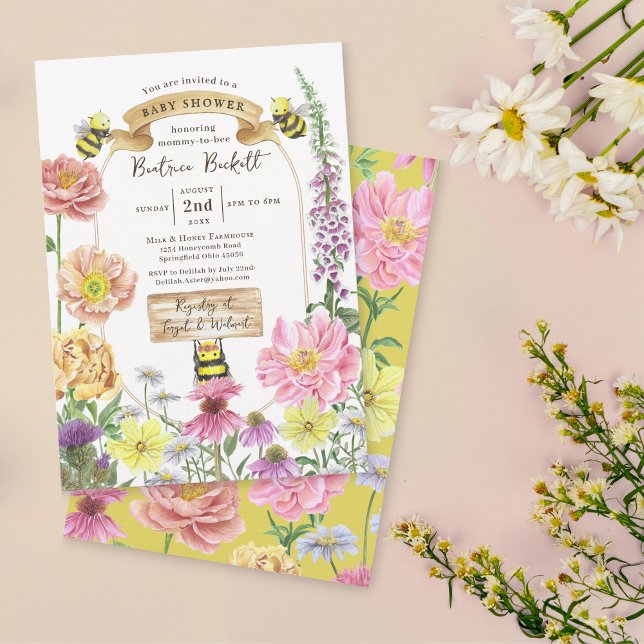 Elegant Yellow Bee and Wildflower Baby Shower Invitation (Creator Uploaded)