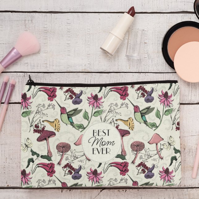 Elegant Yellow Best Mum Ever Photo Hummingbird Accessory Pouch (Front: Best Mom Ever on a Chic Hummingbird & Bignonia Pattern. Back: Custom Photo and 2 Messages.)