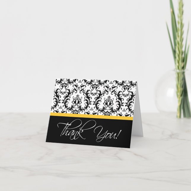 Elegant Yellow Black Damask Thank You Cards (Front)