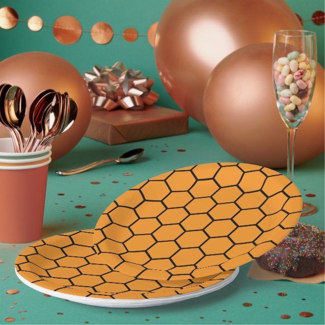 Elegant Yellow Black Honeycomb geometric Pattern Paper Plate (Multi)